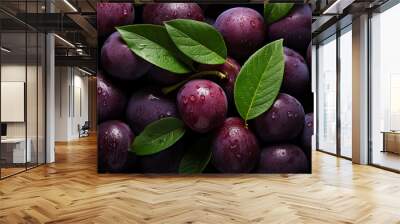 Dark violet plum with green leaves. Concept of healthy food Wall mural