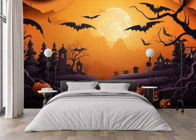 Illustration of Halloween holiday. Orange pumpkins, different scary decorations Wall mural