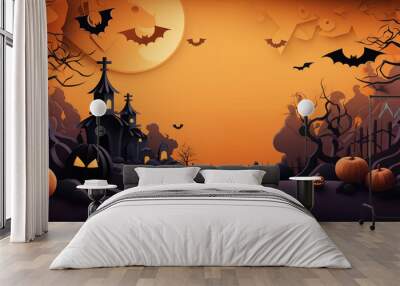 Illustration of Halloween holiday. Orange pumpkins, different scary decorations Wall mural