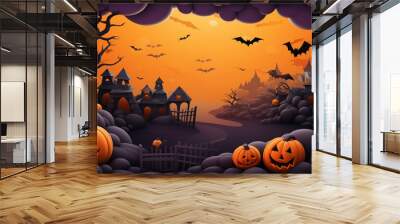 Illustration of Halloween holiday. Orange pumpkins, different scary decorations Wall mural