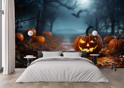 Picture of Halloween holiday. Orange pumpkins, bats and different scary decorations Wall mural