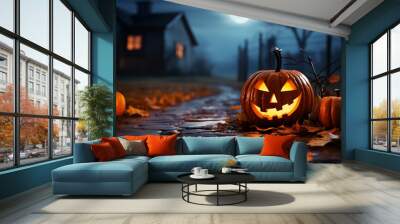 Picture of Halloween holiday. Orange pumpkins, bats and different scary decorations Wall mural