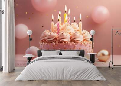 Pink birthday cake with candles and different decorations Wall mural