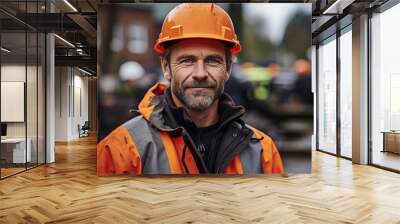 Portrait of a ma in uniform and helmet on the building background, concept of civil engineering Wall mural