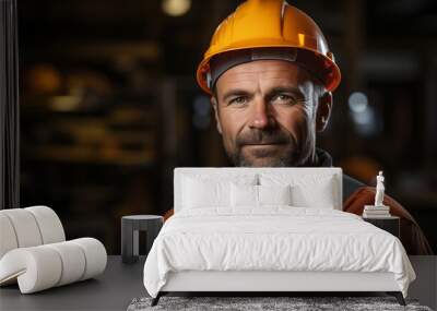 Portrait of a man builder in a helmet on the construction site, concept of civil engineering Wall mural