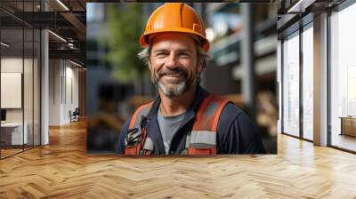 Portrait of a man builder in a helmet on the construction site, concept of civil engineering Wall mural