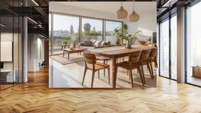 set of dark wooden furniture in the beige color dining room. concept of design and stylish light int Wall mural