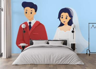 Cute Couple Wedding Character Design Illustration Wall mural