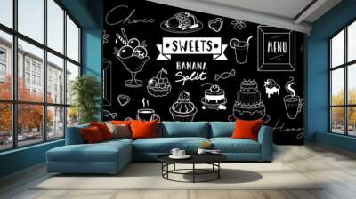 Big set of desserts and sweets food for cafe and restaurant on chalk board for menu design and decoraction, bakery products, handmade font and logo on blackboard. Wall mural