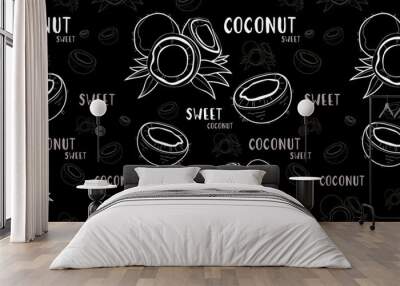 Vector fruit pattern with coconut illustration, black background, chalkboard with words, blackboards Wall mural