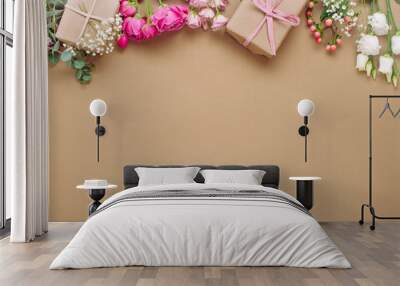 Border of flowers and gift boxes on craft paper background Wall mural