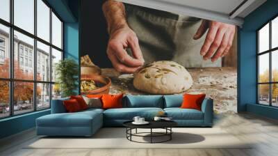 Young man making whole wheat bread with sunflower and pumpkin seeds Wall mural