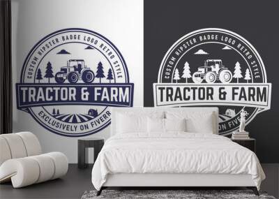 tractor and farm retro hipstar badge logo. tracktor, tree, sky, farm silhouette. vintage vector illu Wall mural