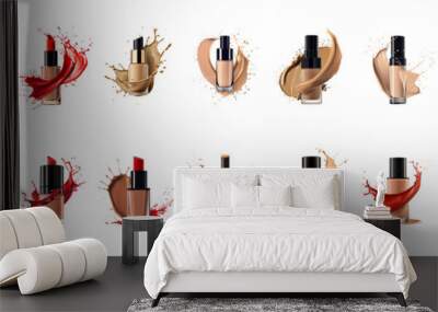 Set of Explore the modern aesthetic of liquid foundation with a striking image of its bottle and a delicate splash isolated on tranparent background Wall mural