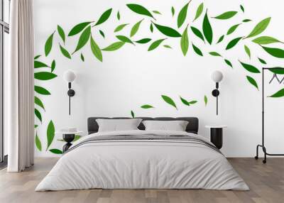 Green foliage leaves flying natural beverage advert. organic product background Wall mural