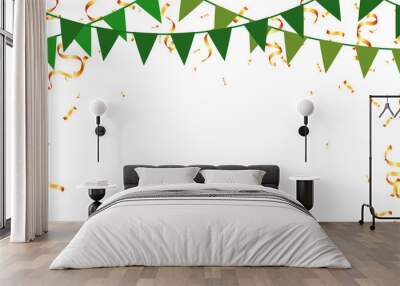 green triangle pennants chain, gold confetti and ribbon background party decoration Wall mural