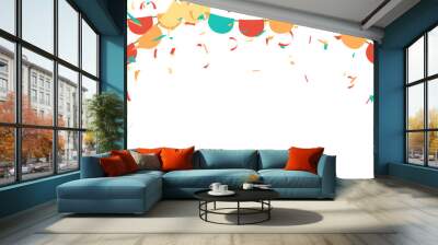 multicolored retro flag garland and confetti hanging carnival card or banner design on transparent background Wall mural