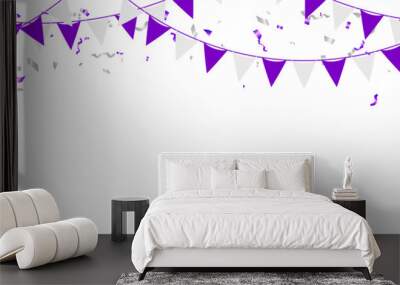 triangle flag garland purple, white color and confetti decoration on transparent background Wall mural