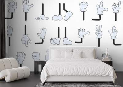 Cartoon gloved arm on white background in hand drawn style. Comic hands in gloves, retro doodle arms with different gestures icons set. Gesture hand finger count, thumb gesturing. Vector illustration. Wall mural