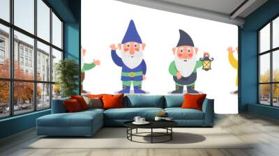 Collection cute of garden gnome or dwarfs holding lantern, banner, mushroom, watering can. Set of cute fairytale character. Classic Garden gnomes in colorful outfits different situations. Vector Wall mural