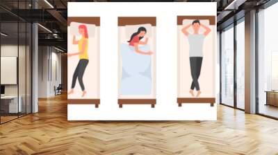 People character sleeping in beds on background. Woman and man sleeps in different poses. Sleeping tired lying person in bed wearing pajama or night posture. Vector illustration in flat cartoon style. Wall mural