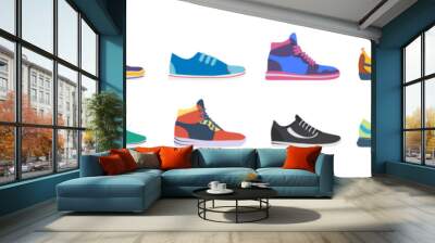 PNG, Sportwear sneaker, everyday footwear clothing isolated on white background. Collection sneakers and shoes for sport in flat style. Shoes icons set. High and low keds. Vector illustration Wall mural