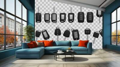 Set of electronic car key front and back view and alarm system. Realistic car keys black color isolated on white background. 3d realistic mockup. Vector illustration, Wall mural