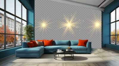 Set of golden glowing lights effects isolated on transparent background. Solar flare with rays and spotlight. Glow effect. Starburst with sparkles. Wall mural