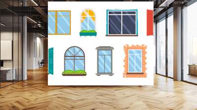 Set of realistic glass transparent plastic windows with window sills. Vector collection of various types of white windows for interior and exterior use in flat style. Architectural design building. Wall mural