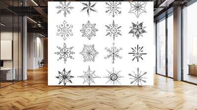 Set of snowflakes in doodle style for winter design. Snow flake sketch hand drawn winter christmas concept. Scribble cartoon. Design element for christmas banner, cards. Xmas ornament. Vector. Wall mural