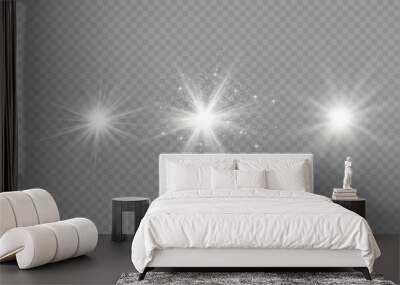 Sparkling stars, twinkling and flashing lights. Collection of various light effects on a black background. Realistic vector graphics Wall mural