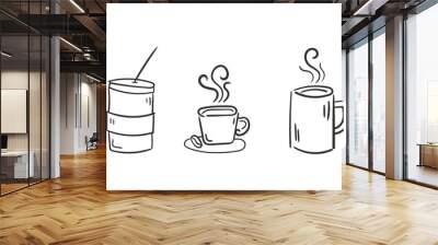 Symbols of glasses of hot drinks on white background. Fragrances evaporate icons. Smells line icon set, hot aroma, smells or fumes. Coffee cup icon. Vector illustration doodle hand drawn Wall mural