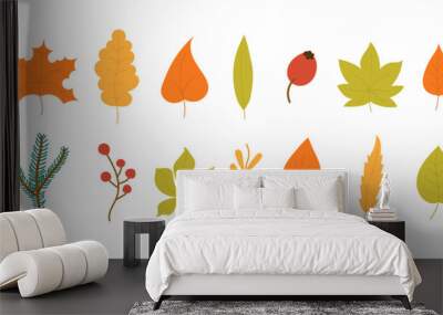 Для ИнтернетаSet of colorful autumn leaves and berries isolated on a white background. Yellow autumn garden leaf, red autumn leaf and fallen dry leaves. Simple cartoon flat style, vector illustration Wall mural