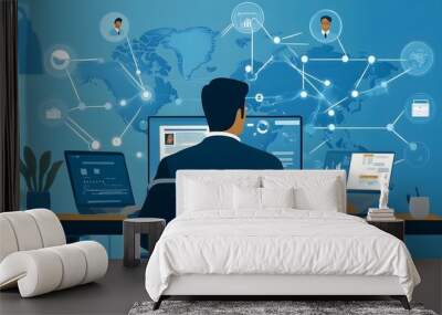 A businessman remotely managing outsourced IT services, with global virtual teams collaborating seamlessly across time zones. Wall mural