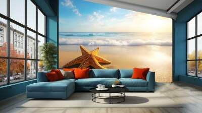 A starfish is laying on the sand on a beach. The sun is shining on the starfish, making it look like it is glowing. The beach is calm and peaceful, with the starfish being the only object in the scene Wall mural