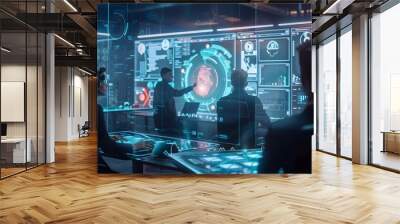 An advanced AI system balancing workloads among team members, displayed on a holographic interface Wall mural