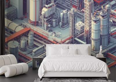 An isometric industrial complex with towering structures, where all axes are equally foreshortened, maintaining uniform scale and creating a visually balanced composition Wall mural