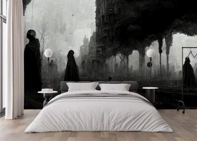 Black and white disappearing shadow city with beautiful architecture and people figures silhouette walking on the street abstract scene apocalyptic cinematic Halloween theme Wall mural