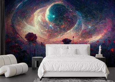 Fantasy fairy tail abstract wallpaper with galaxy space Universe illustration in background with stars, planets and colorful blue, pink, red, orange, teal, turquoise clouds and sky with milky way Wall mural