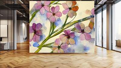 Water color painted flower drawing on beige paper colorful blossom, abstract floral illustration, tropical flowers, spring summer themed hibiscus background, botanical flower high quality wallpaper Wall mural