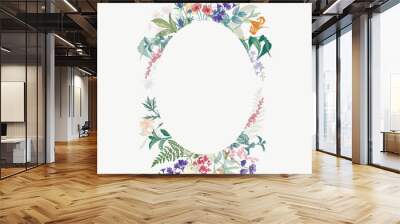 Vertical hand drawn elliptical frame with wild flowers and herbs. Colored arrangement in vintage style. Wall mural