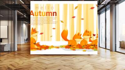 hello autumn background with foxes , vector , illustration Wall mural