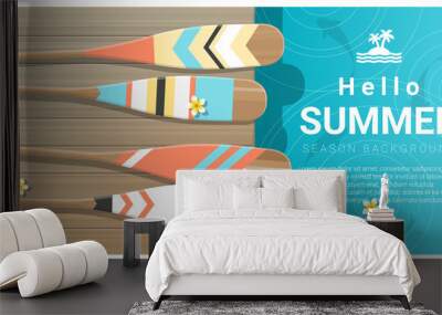 Hello summer background with colorful canoe paddles on wooden pier , vector , illustration Wall mural