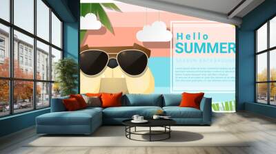 Hello summer background with dog wearing sunglasses , vector , illustration Wall mural