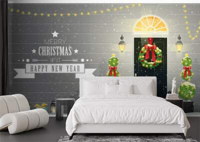 Merry Christmas and Happy New Year background with decorated Christmas front door , vector , illustration Wall mural