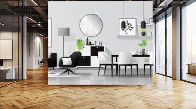 Modern black and white interior background with living room , dining room and kitchen combination , vector , illustration Wall mural