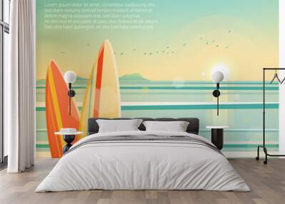 Seascape background with surfboards on the beach , vector , illustration Wall mural