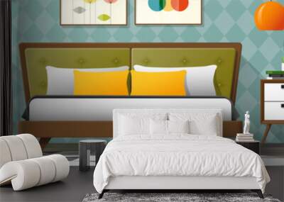 Vintage interior background with mid century modern bedroom , vector , illustration Wall mural