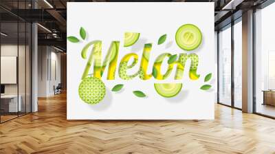 Word melon design decorated with melon fruits and leaves in paper art style , vector , illustration Wall mural