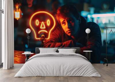 A person with a sad expression leaning on a table with a neon skull light in the background. Wall mural